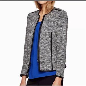 ANNE KLEIN Tweed Jacket Faux Leather Trim Size 10 Zip Up Blazer Office Workwear